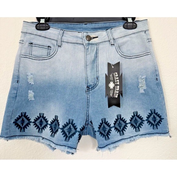 Crazy Train Shorts Blue Denim Large Aztec‎ Embroidery Western Cowgirl Distressed - Picture 1 of 15